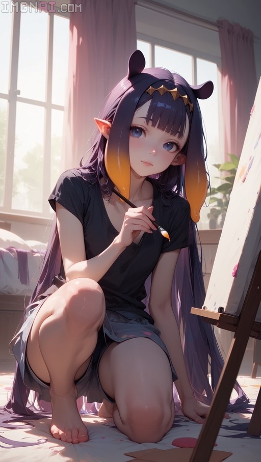 Ninomae Ina'nis kneeling on a bedroom floor holding a paintbrush near an easel.