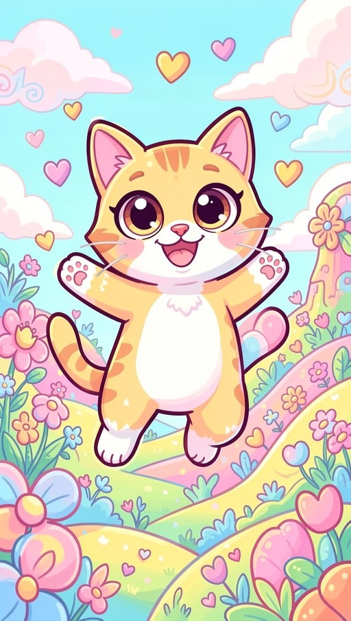 A happy orange and white cartoon cat jumps with arms raised in a colorful flower field under a blue sky with floating hearts.