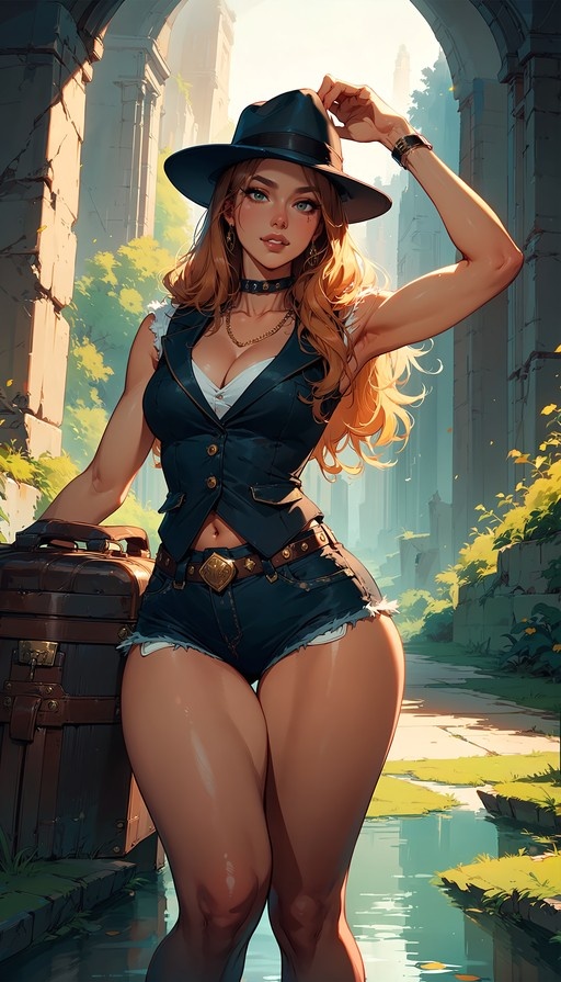 Blonde woman in fedora and denim shorts standing by a suitcase in ruins