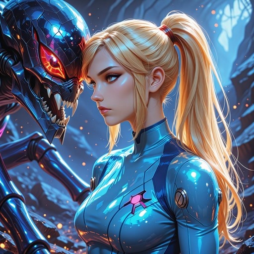 A blonde woman in a shiny blue bodysuit faces a large metallic alien monster with glowing red eyes and sharp teeth.