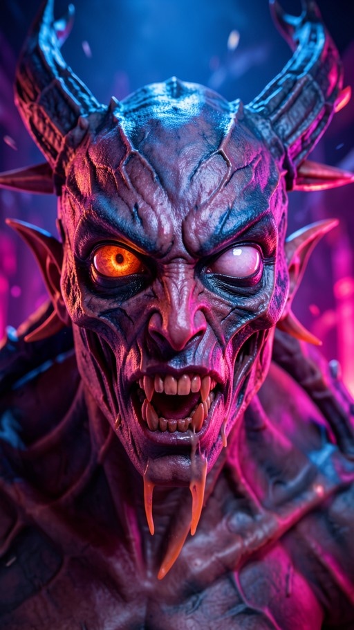 Close-up portrait of a male demon with curved horns, textured skin, heterochromatic eyes, and sharp fangs under dramatic blue and pink lighting.