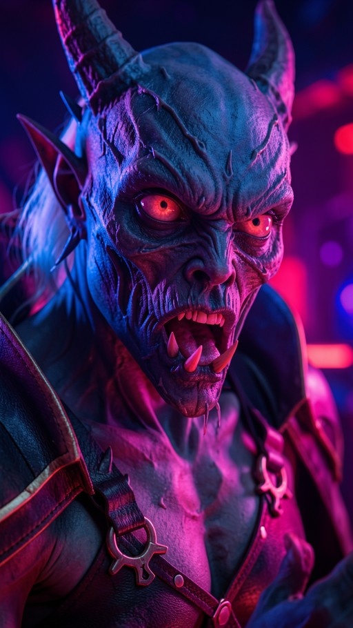 Close-up of a blue-skinned demon with curved horns, glowing red eyes, and sharp fangs wearing leather armor under purple neon light.