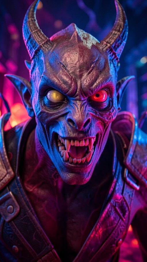 A close-up of a fierce male demon with large curved horns and heterochromatic eyes (one yellow, one red), baring sharp teeth while wearing shoulder armor under blue and pink lighting.