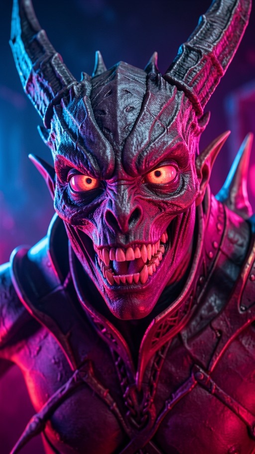 A close-up of a red-skinned demon with large curved horns and sharp fangs, wearing dark armor and glowing orange eyes under pink and blue lighting.