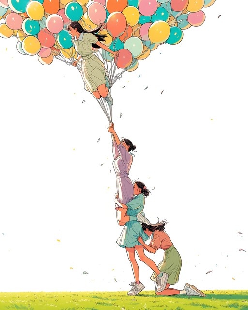 Four anime-style girls form a vertical chain on green grass, with the top girl floating upward holding a large bunch of colorful balloons.