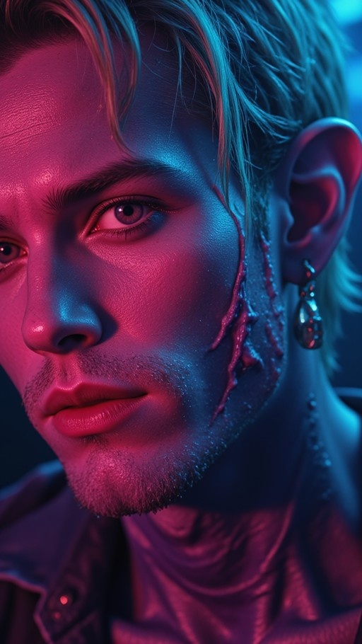 Close-up of a man with short hair and stubble under pink and blue neon light, featuring a visible scar on his cheek and an earring.