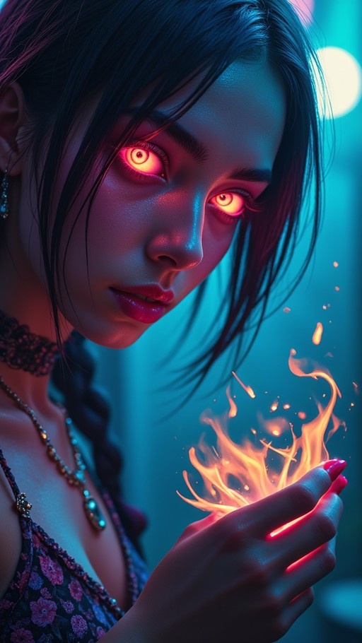 A close-up of a dark-haired woman with glowing yellow-orange slit pupils holding a small fire in her palm, wearing a floral top and choker against a blue background.