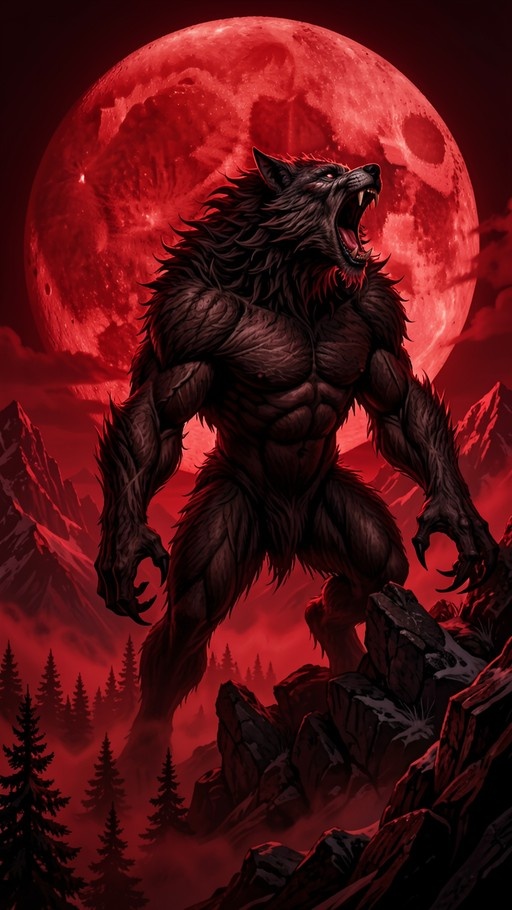 A muscular werewolf with dark fur stands on rocky ground and roars, silhouetted against a giant glowing red full moon.