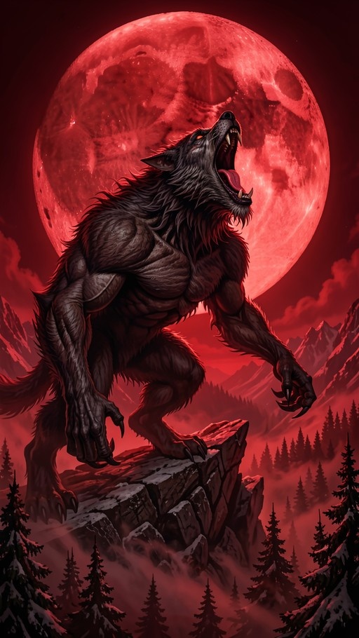 A muscular werewolf standing on a rocky cliff and howling with its mouth open in front of a large red moon.
