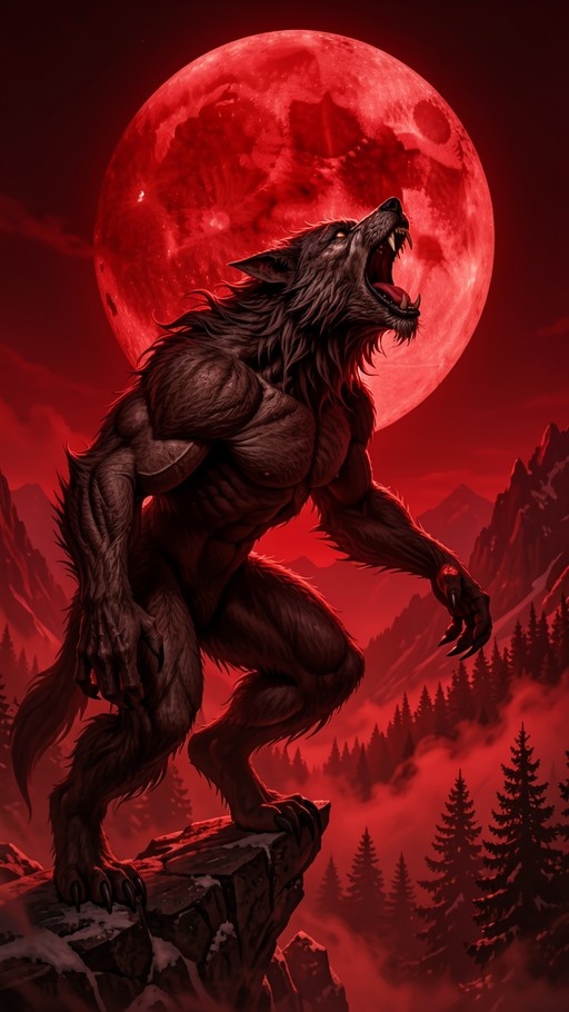 A muscular werewolf howling at a large red full moon on a cliff.
