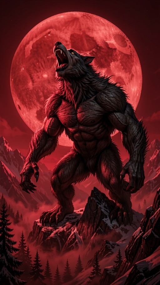 A muscular werewolf with dark fur stands on a rocky cliff and howls at a giant red full moon in the night sky.