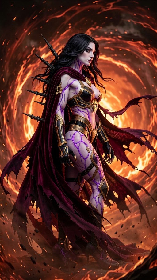 A full-body illustration of a pale-skinned female demon with glowing purple veins on her body, wearing gold armor with back spikes and a tattered red cape, standing in front of a swirling fire portal.