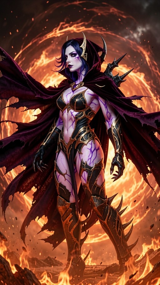 Pale-skinned fantasy warrior with purple markings stands before a fiery vortex