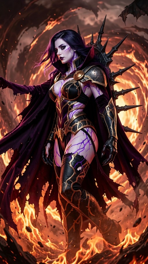A pale-skinned fantasy warrior with glowing purple veins and dark hair stands in black and gold spiked armor with a tattered cape against a fiery lava background.