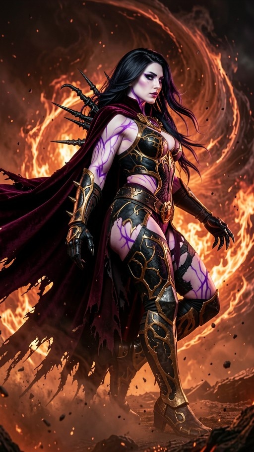 A pale-skinned fantasy warrior with long black hair and purple vein-like markings on her arms and legs stands in ornate black and gold armor. She wears clawed gauntlets, armored boots, and a tattered maroon cape against a backdrop of swirling fire and embers.