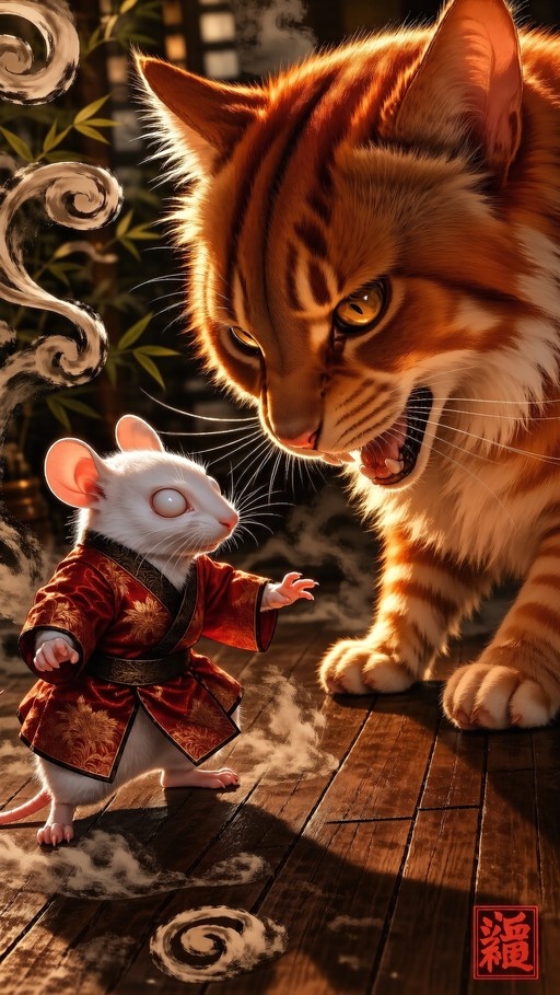 A large orange tabby cat with yellow eyes hisses down at a small white mouse wearing a red patterned kimono on a wooden floor.