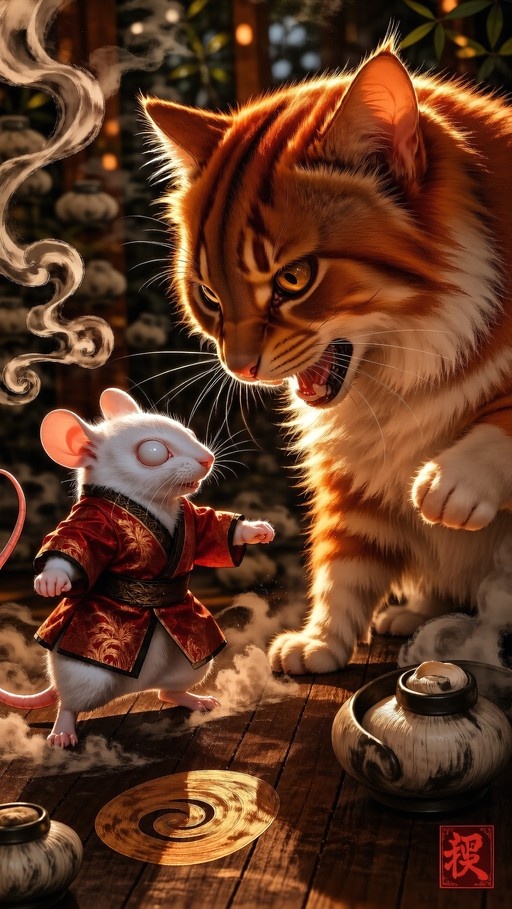 A small white mouse wearing a red traditional Chinese robe stands on its hind legs facing a large orange tabby cat with an open mouth, surrounded by rising steam and ceramic teapots on a wooden floor.