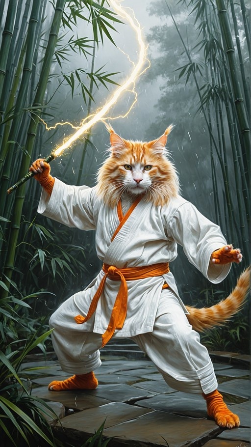 An anthropomorphic orange and white cat wearing a white martial arts uniform with an orange belt stands in a fighting stance holding a glowing yellow sword in a misty bamboo forest.