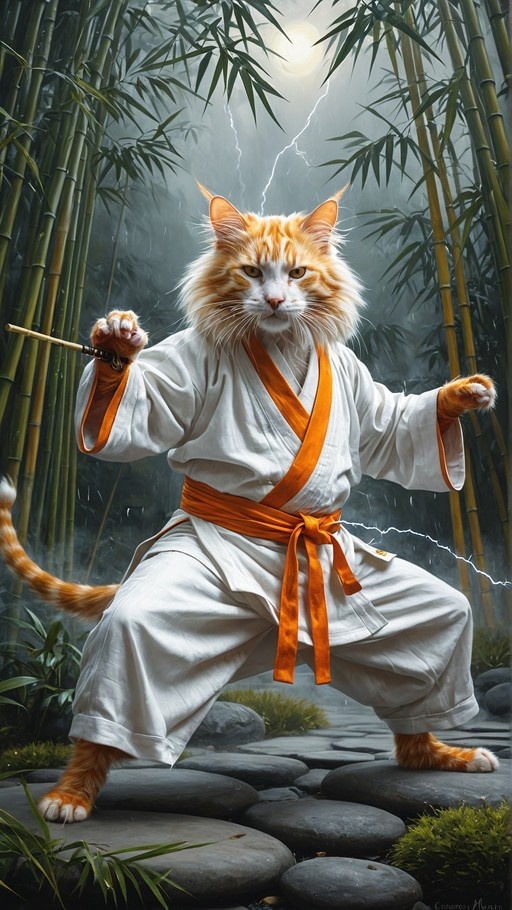 An anthropomorphic orange and white cat wearing a white martial arts uniform with an orange belt stands in a fighting pose on stone steps in a bamboo forest at night with lightning in the background.