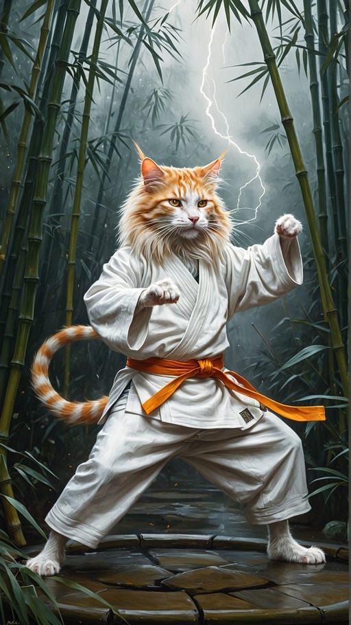 Anthropomorphic orange and white cat in a fighting stance wearing a white karate gi with an orange belt, set against a misty bamboo forest background with lightning.