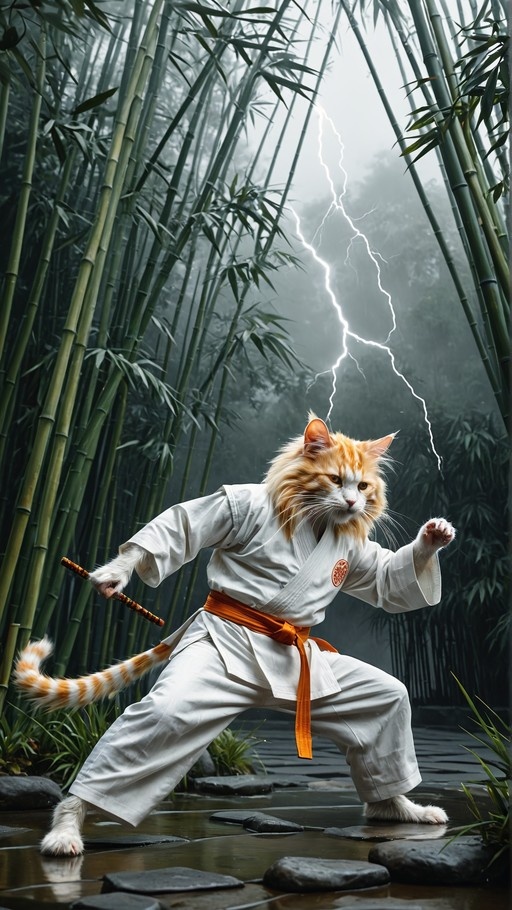 A fluffy orange and white cat wearing a white martial arts uniform with an orange belt stands in a fighting stance holding a stick in a misty bamboo forest with lightning striking behind it.