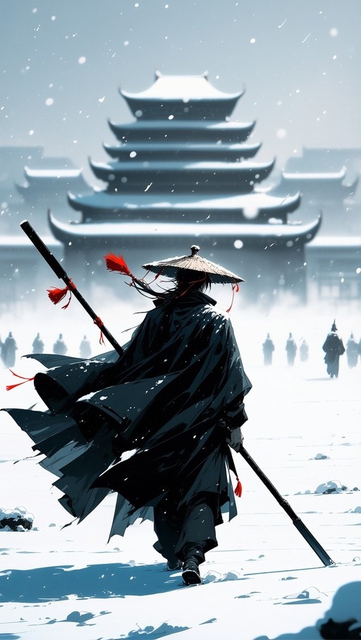 A lone figure in a black cloak and conical hat walks away from the viewer through deep snow towards a large East Asian pagoda, holding a long staff with red tassels.