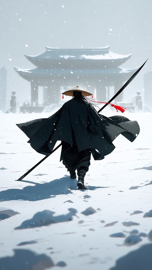 A lone figure wearing a black cloak and conical hat walks away through deep snow carrying a long polearm with a red tassel, heading toward a traditional East Asian temple in the distance.