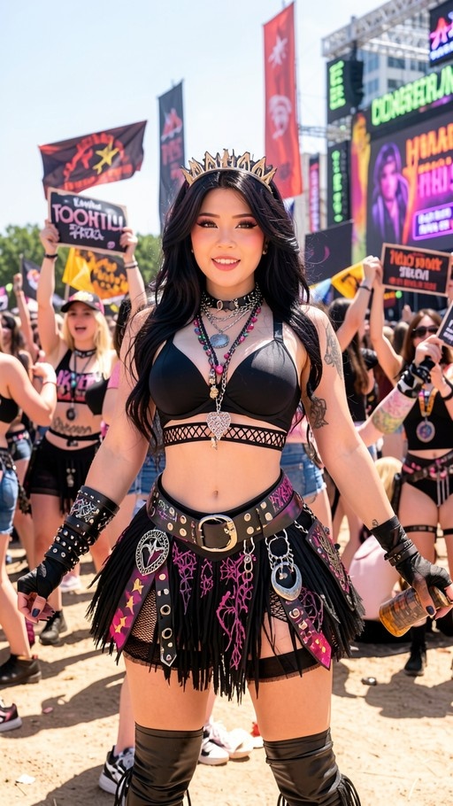 A smiling Asian woman with long black hair and a gold crown stands in a crowd at an outdoor music festival, wearing a black bikini top, fringed skirt, and thigh-high boots while holding a drink.