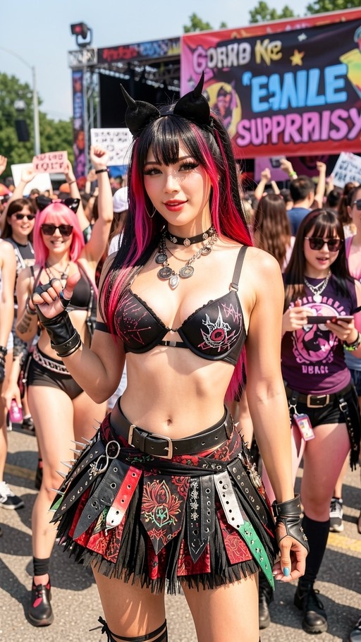 A female cosplayer with black and pink hair wearing cat ears, a spiked choker, and a punk rock outfit with a layered skirt stands in an outdoor festival crowd.