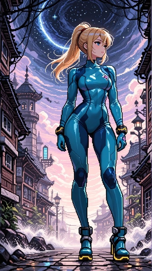 Full-body pixel art of Samus Aran in a blue zero suit standing on a street with traditional buildings under a starry night sky.