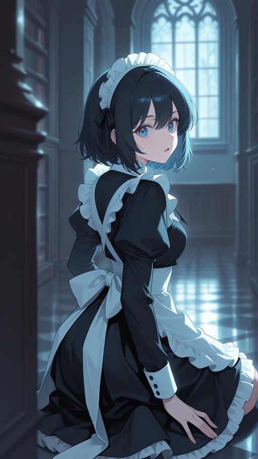 An anime-style illustration of a young woman with short black hair and blue eyes wearing a black and white maid outfit. She is kneeling on the floor in a library or hallway, looking back over her shoulder towards the viewer.