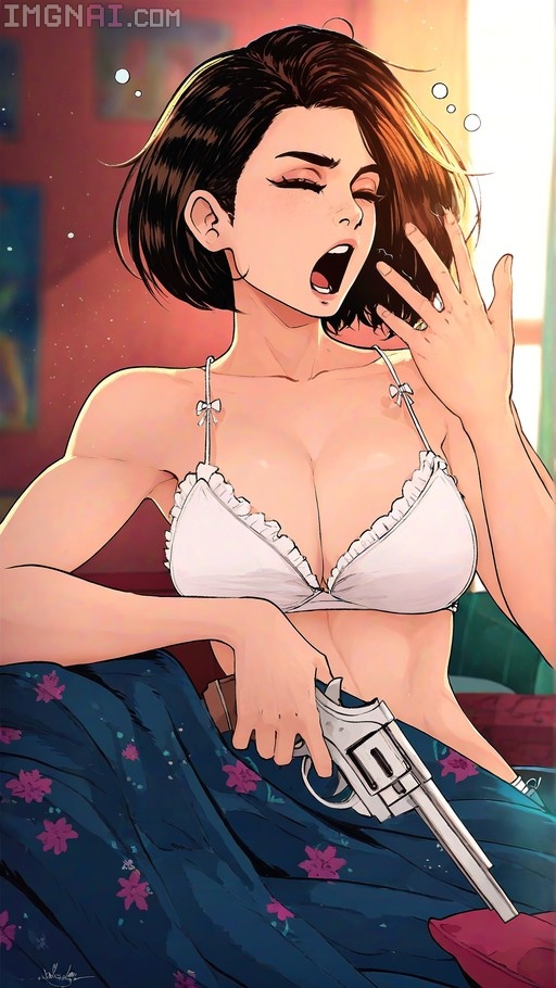 A digital illustration of Jill Valentine yawning while holding a silver revolver, wearing a white frilled bra and blue floral pants under warm morning light.