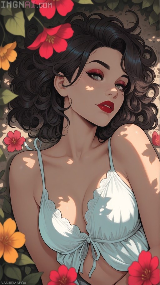 A digital illustration of a woman with dark curly hair and red lipstick lying on her back among red and orange flowers, wearing a white babydoll top with lace details.