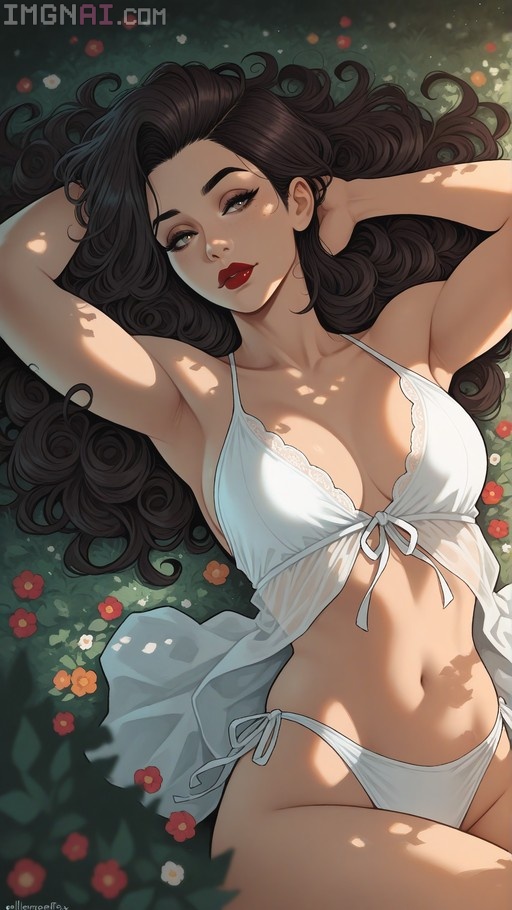 A woman with long dark curly hair and red lipstick lies on her back in a field of flowers wearing a white babydoll nightgown.