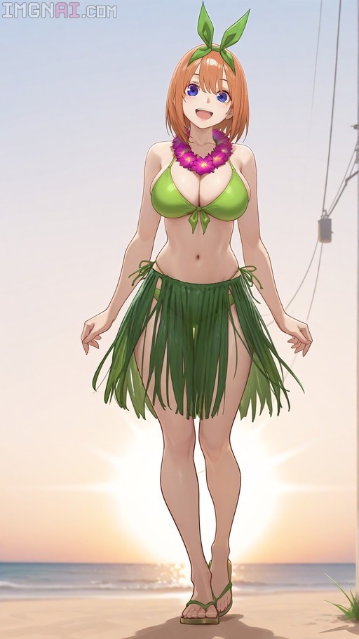 Nakano Yotsuba in a green bikini and grass skirt smiling on a beach at sunset.
