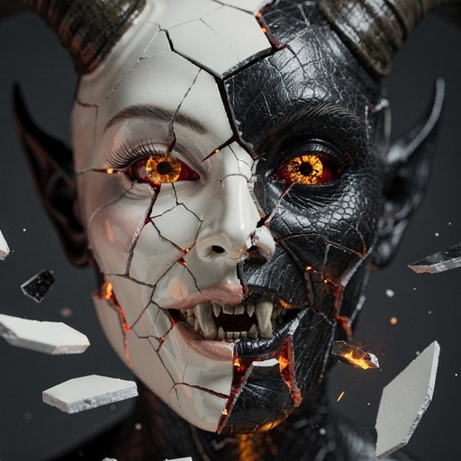 Close-up portrait of a half-demon face shattering, revealing black scaly skin and glowing orange eyes beneath pale porcelain features.