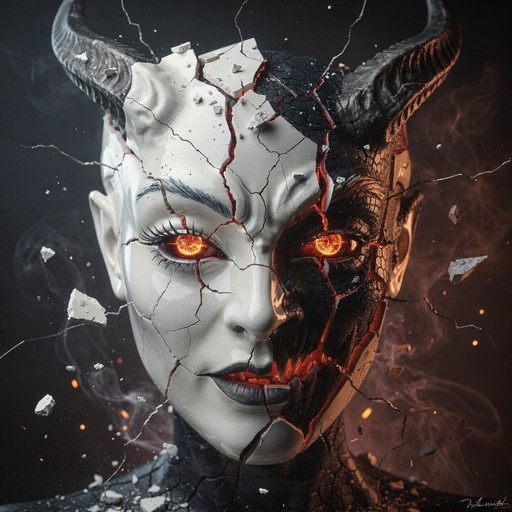 A close-up of a female demon with pale white skin cracking to reveal dark scales and glowing orange eyes underneath.