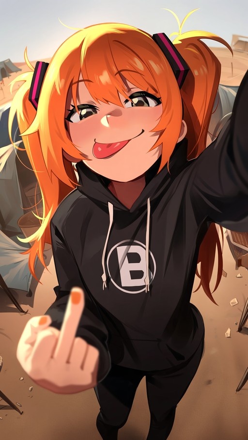 Orange-haired Hatsune Miku in a Bitcoin hoodie giving the middle finger.