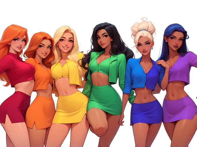 Six women in rainbow-colored crop top and skirt outfits standing side by side.