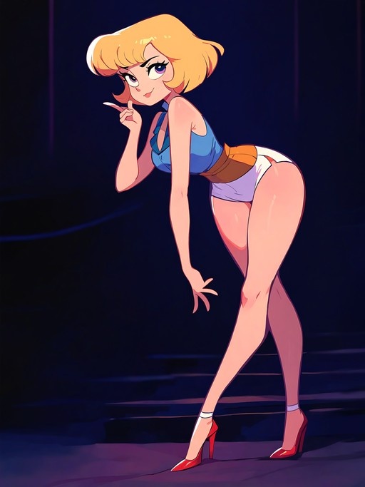 Misty from Pokémon in a blue top and white shorts with red heels, leaning forward and pointing playfully at the viewer.