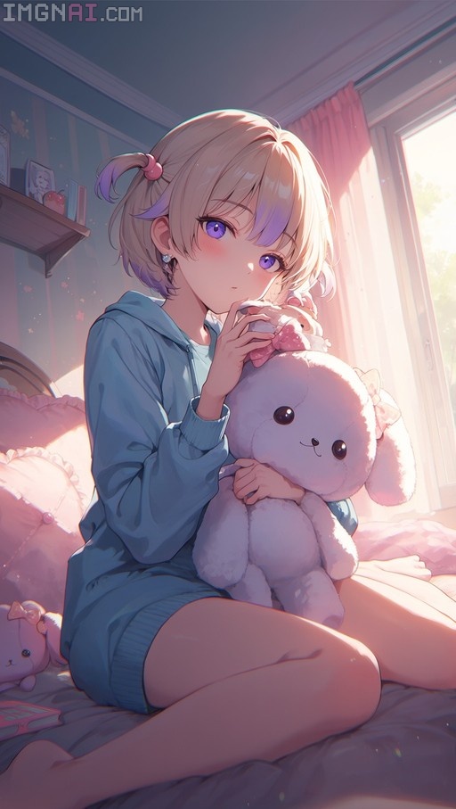 Anime girl with short blonde and purple hair in a blue hoodie sitting on a bed hugging a white stuffed rabbit.