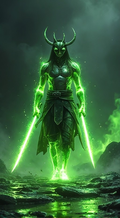 A horned fantasy warrior with glowing green skin holds two energy swords in a misty landscape.
