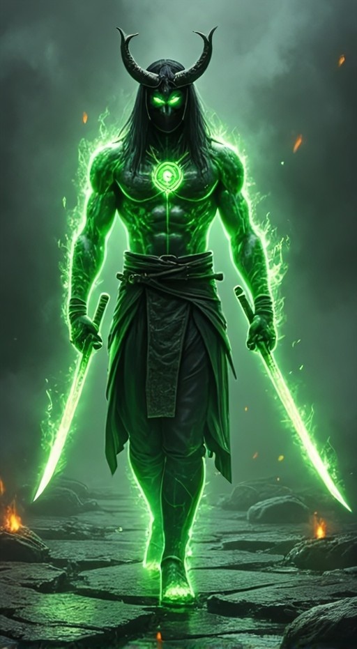 A muscular green-skinned demon with horns and a mask walks forward holding two glowing green swords in a misty rocky landscape.
