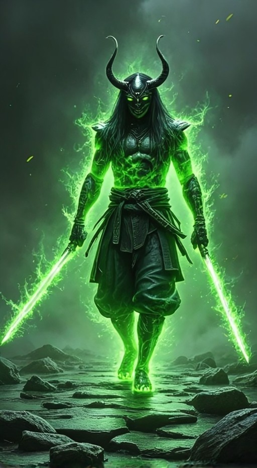 A full-body shot of a green-skinned demon warrior with large black horns walking forward while dual-wielding two glowing green energy swords in a rocky landscape.