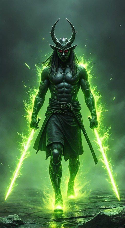 A full-body digital illustration of a muscular green-skinned demon warrior with large curved horns and red eyes, walking forward while dual-wielding bright green glowing swords in a misty dark environment.