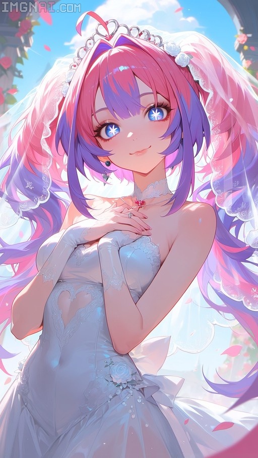 An anime girl with pink and purple hair wearing a white wedding dress and veil, featuring blue star-shaped pupils.