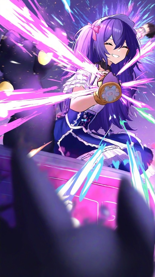 A purple-haired anime girl in a blue and white maid outfit smiles confidently while holding a glowing penlight that radiates bright light streaks against a stage background.