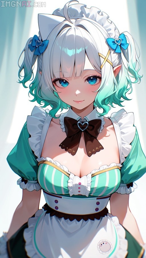 An anime-style illustration of a virtual youtuber with white and teal gradient hair and blue eyes, wearing a green striped maid dress with a white apron and brown bow tie.