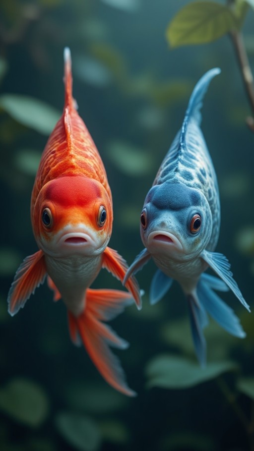 An orange fish and a blue-and-white fish swim side by side toward the viewer with their mouths slightly open against a blurry green background.