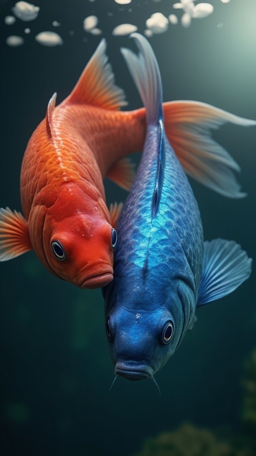 A close-up of an orange fish and a blue fish swimming side-by-side underwater with bubbles rising in the background.